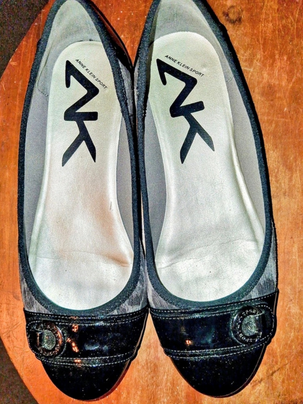 Anne Klein Animal Print Buckle Flats in Black & Gray